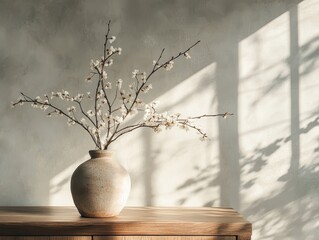 Sticker - Rustic ceramic vase with white blossoms in sunlit room