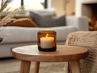 Wall Mural - Cozy living room with lit candle on wooden stool in warm neutral tones