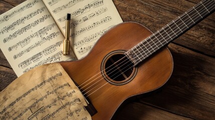 Poster - Exploring melodies with an acoustic guitar, scattered sheet music, and a tuning fork on a rustic wooden table. Generative AI