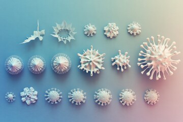 Leinwandbilder - Progression of virus forms from basic structures to complex shapes illustrating growth and diversity in biological context. Generative AI