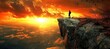 © Azis Stock - Man clifftop sunset landscape; fiery sky, city view; motivational poster