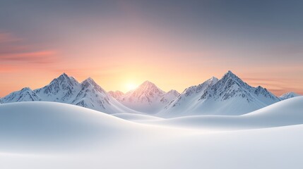 Wall Mural - Serene sunrise over snow-covered mountain peaks and rolling hills