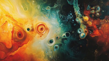 Poster - Dynamic visualization of swirling bacteria and microbes moving through a vivid liquid environment. Generative AI