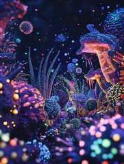 Aufkleber - Vibrant microscopic landscape filled with glowing viruses reflecting a colorful biosphere. Generative AI