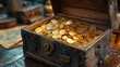 © Atmospheric stock - Rustic wooden chest filled with glimmering gold coins on a wooden table