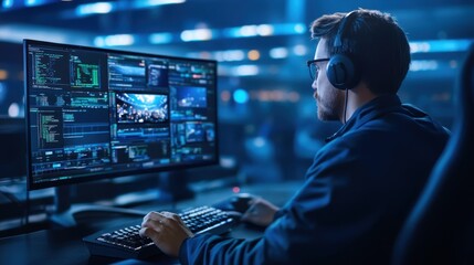 Wall Mural - focused male programmer working on multiple screens in a modern tech environment with coding and dat
