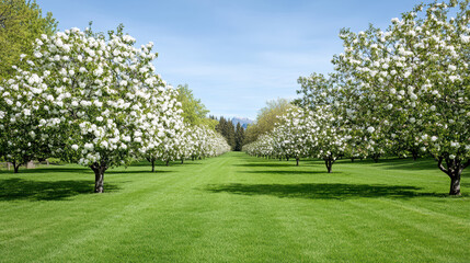 Wall Mural - serene orchard with blooming white trees and lush green grass