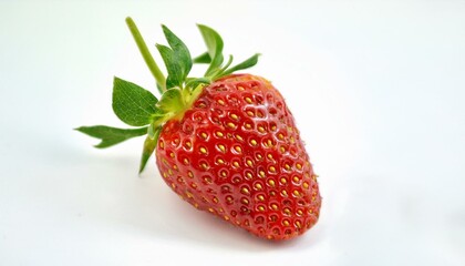 Wall Mural - Juicy red strawberry with green leaves, vibrant and fresh.