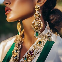 Wall Mural - A woman wearing a green and white dress with gold and green earrings