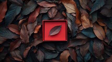 Sticker - Red box with a single brown leaf sits on a bed of autumn leaves. Perfect for themes of autumn, minimalism, or nature's fragility.