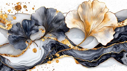 Wall Mural - Elegant ginkgo leaves in gold and grey marble wave design.