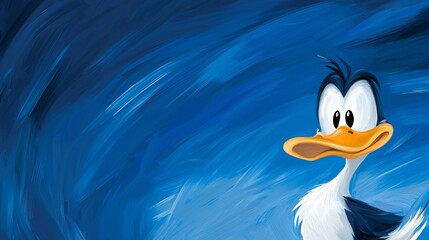 Wall Mural - A cartoon duck with an anxious expression against a blue painted background.