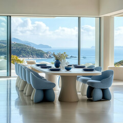 Wall Mural - Blue dining table and chairs against panoramic windows with sea view in luxury villa