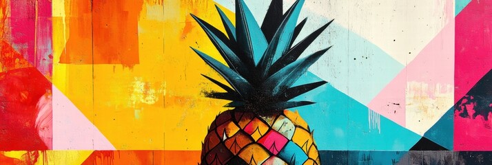 Leinwandbilder - Vivid abstract geometric pineapple design with bright colors and intricate patterns in a modern art style. Generative AI