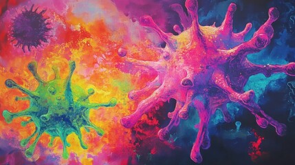 Aufkleber - Colorful visualization of a virus transforming and mutating in a vibrant abstract background. Generative AI