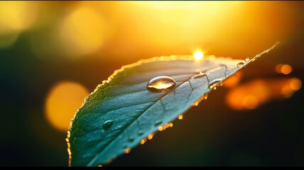 Wall Mural - Closeup shot of a water drops on green leaf