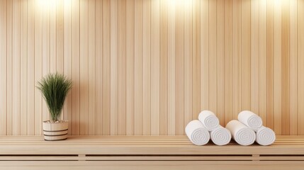 Canvas Print - Serene wooden sauna interior with rolled towels and green plant