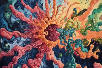 Poster - Virus emergence showcasing transformation and mutation in vibrant colors and intricate details. Generative AI
