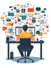 Businessman creating an online profile at his desk with computer and vector illustrations, digital marketing and social media banner design concept on a white background, professional and modern style