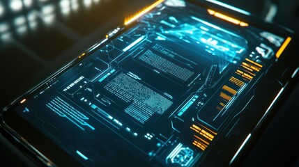 Futuristic Tech Interface Display Screen:  Cyberpunk Digital Data Overlay Neon Blue and Orange Hues
