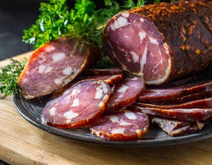 Wall Mural - Dramatic Lighting on a Plate of Smoked Meats