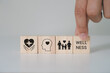 © MUNTHITA - Employee wellness concept. Wooden cube block with health, mindfulness, mental health, happiness, financial stability, growth icon on white background. Balance, integration achieving overall wellbeing.