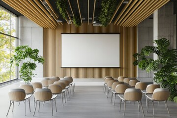 Poster - Modern conference room with green plants and wooden accents