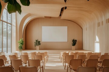 Poster - Modern wooden auditorium with projector screen and chairs