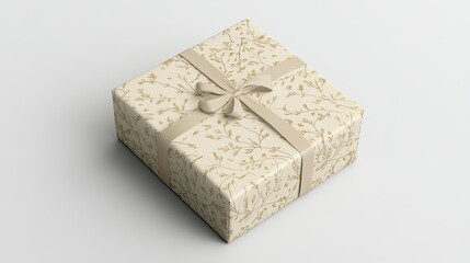 Wall Mural - Square gift box with beige floral wrapping paper and matching ribbon, isolated on white background.