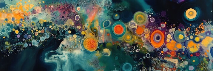 Leinwandbilder - Abstract representation of swirling bacteria and microbes in vibrant colors within a liquid environment. Generative AI