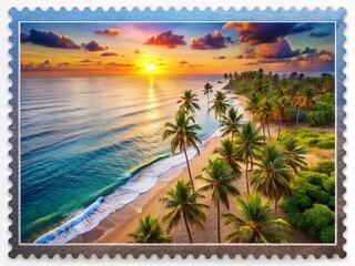 Canvas Print - Drone View: Sunset, Palm Trees, Tropical Beach - Postage Stamp Design