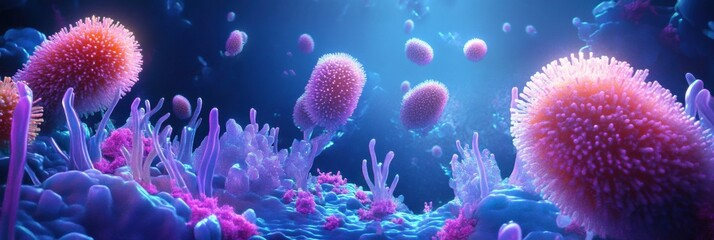 Aufkleber - Vibrant microscopic landscape reveals glowing viruses amidst colorful coral like structures. Generative AI