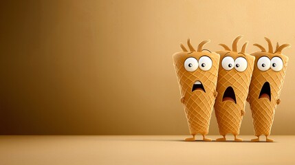 Wall Mural - Three scared waffle cone characters against a tan background.