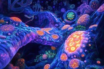 Poster - Vibrant microscopic landscape showcasing glowing viruses in a surreal underwater world. Generative AI