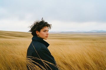 Young caucasian female in vast golden wheat field under cloudy sky