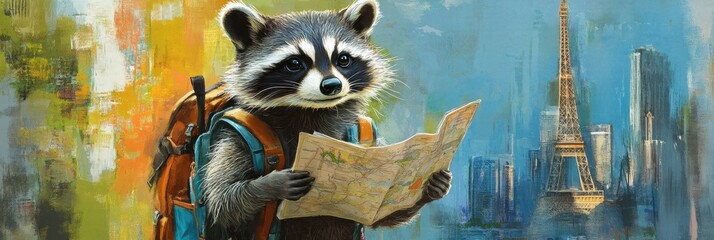 Aufkleber - Raccoon adventurer exploring iconic world landmarks with a map and backpack. Generative AI