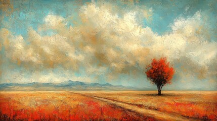 Poster - Autumn tree,field,sky.