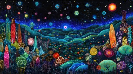 Aufkleber - Vibrant microscopic landscape showcasing glowing viruses in a surreal environment of vivid colors. Generative AI