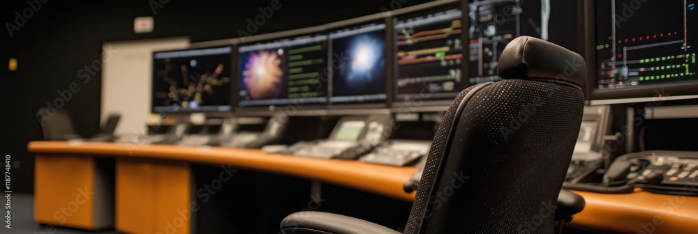 An advanced control room featuring multiple screens displaying complex ...