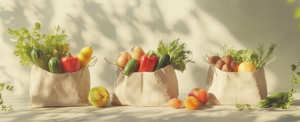 Wall Mural - Three cloth bags filled with fresh produce, including vegetables and fruits, sit on a table in sunlight.