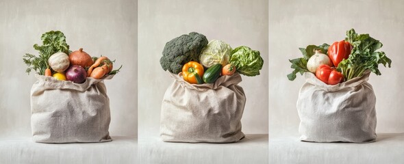 Wall Mural - Three fabric bags filled with fresh assorted vegetables.