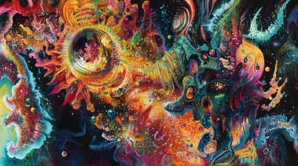 Poster - Virus undergoing complex transformation and mutation in a vibrant cosmic landscape with swirling colors and intricate patterns. Generative AI