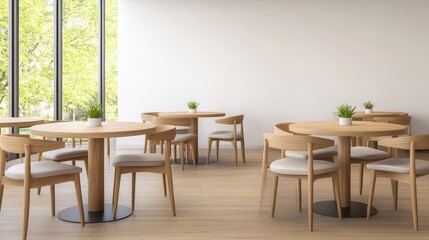 Poster - Modern café interior with wooden tables and chairs in sunlit room