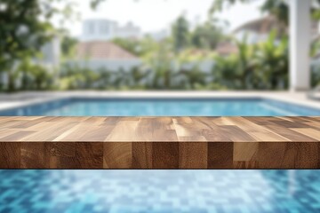 Canvas Print - Wooden table top near poolside, tropical backdrop, product display