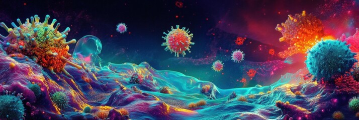 Aufkleber - Vibrant microscopic landscape featuring glowing viruses in a colorful environment filled with intricate details. Generative AI