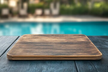 Canvas Print - Wooden tray poolside, summer resort background