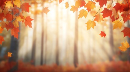 Wall Mural - Autumn forest with vibrant falling leaves in soft sunlight