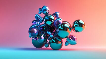 Wall Mural - 64.A surreal composition of turquoise and multicolor metaball shapes floating against a gradient background. The abstract 3D design showcases smooth, reflective surfaces and dynamic morphing forms,