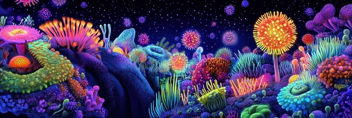 Aufkleber - Vibrant microscopic landscape showcasing glowing viruses in an intricate natural setting filled with color. Generative AI