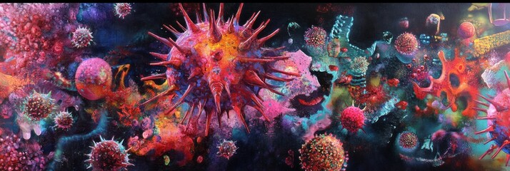 Leinwandbilder - Virus transformation and mutation in a colorful microscopic environment representing dynamic biological activity. Generative AI